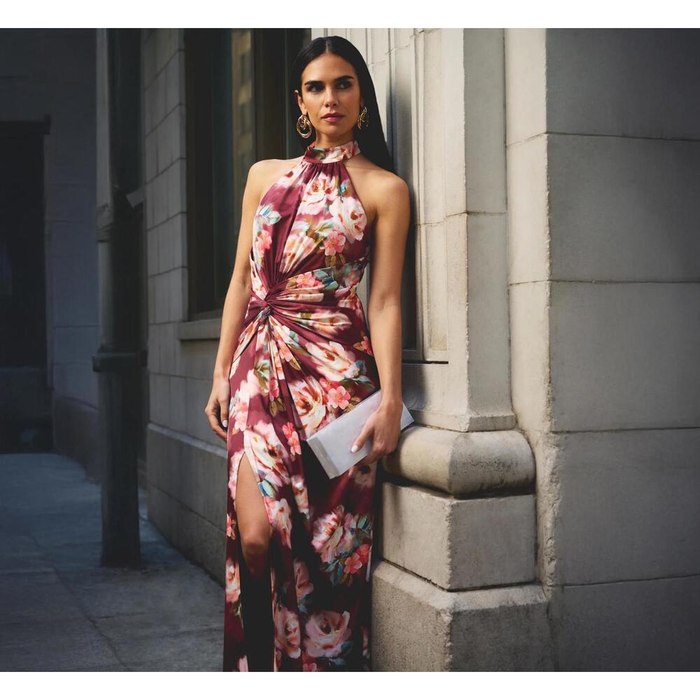 Adrianna Papell Floral Satin Twist Waist Halter Gown  Brown Multi sz 20 NWT Gala